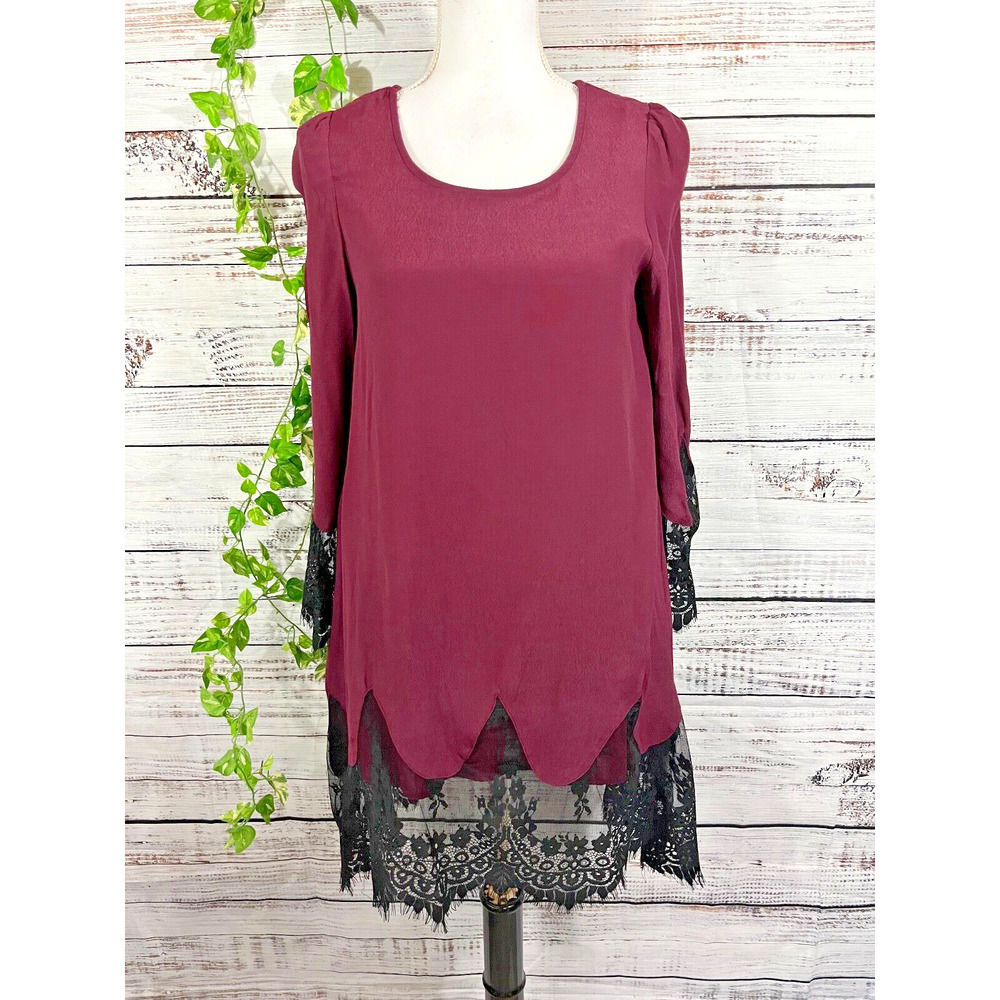 May & July Tunic Blouse sz Small Plum Black Lace Peasant Boho Lace Lagenlook